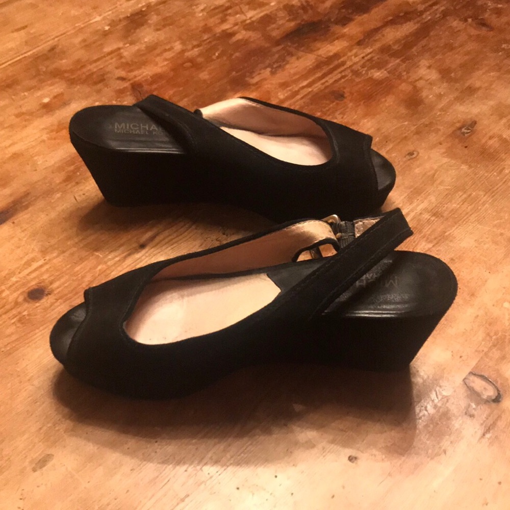 Michael Kors Black Suede Peep Toe Wedges